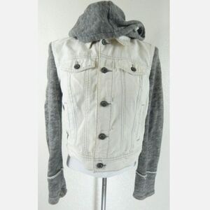 Free People White Distressed Hooded Denim Jacket